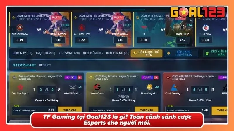 Săn Thưởng Esports Cùng TF Gaming tại Goal123 Hot Năm 2026 1 Giao diện sảnh game hiển thị đầy đủ các giải đấu Esports và bảng tỷ lệ cược